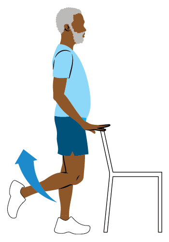 Illustration of a person standing behind a chair and holding onto it, with one leg raised behind them